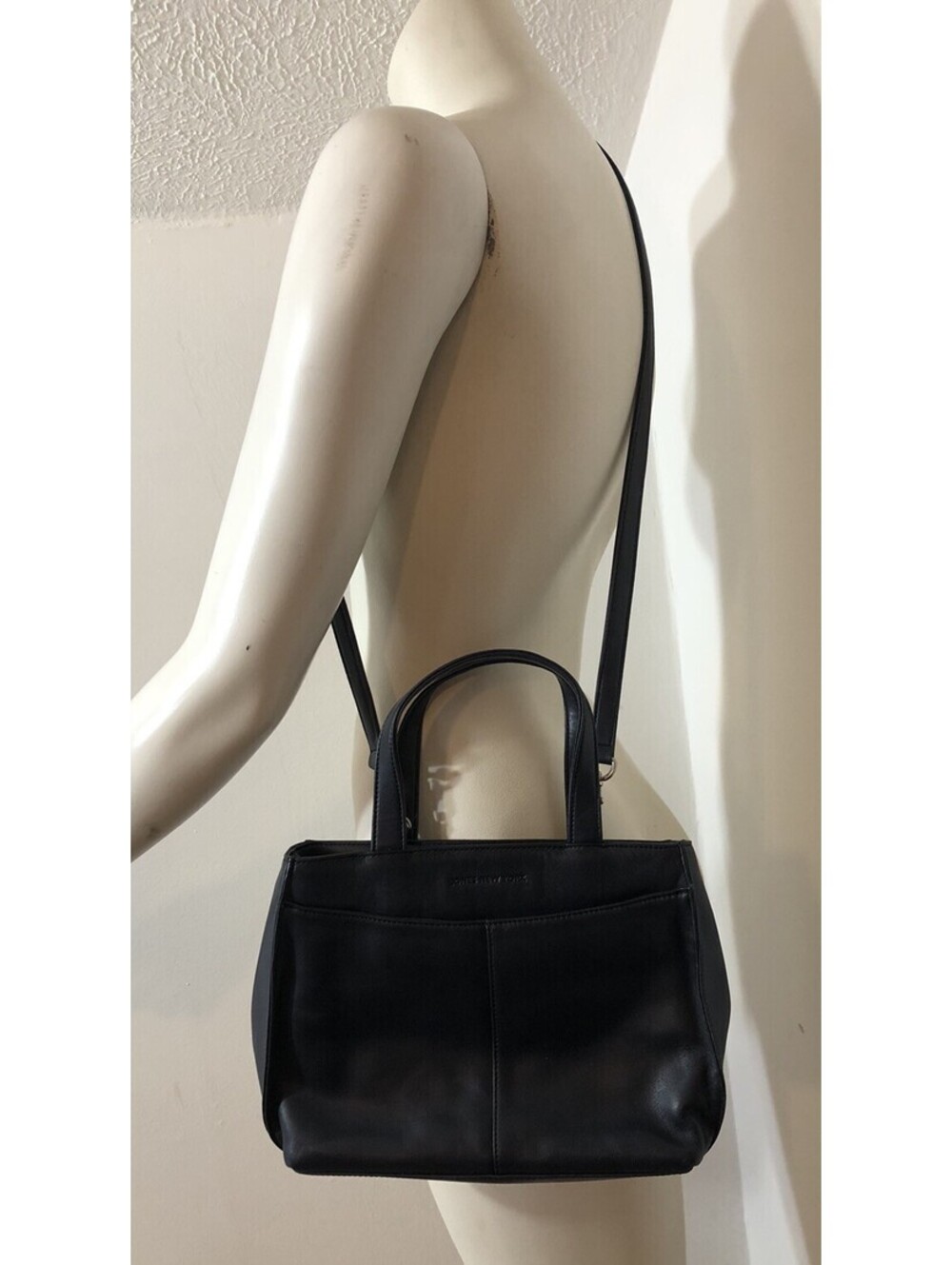 Jones New York Black Leather Crossbody Shoulder Bag Double Handle Zip Close